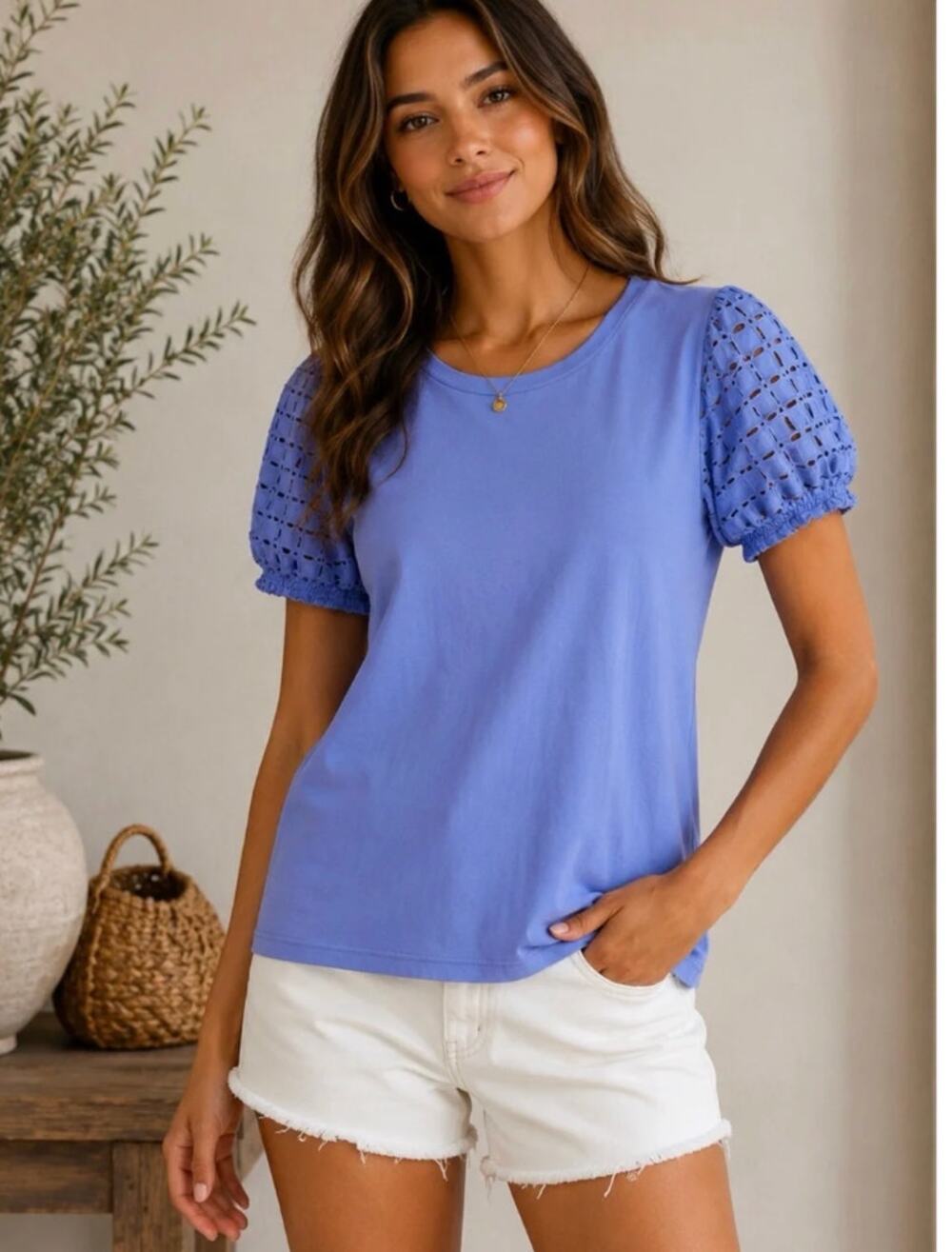 J. Crew Eyelet puff-sleeve tee NWT Size XS Bright Periwinkle